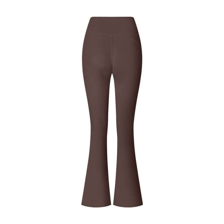 Back view of brown flared yoga pants showcasing high-waist design.