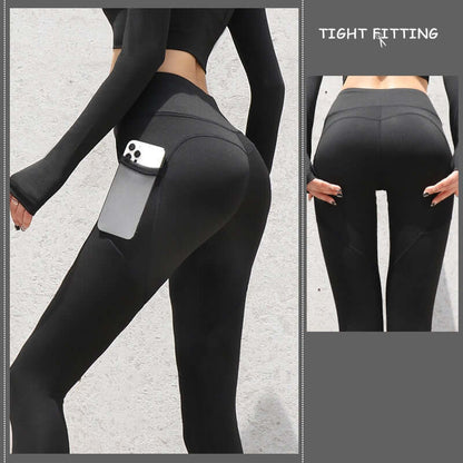 Black seamless leggings for women with high waist and pockets, perfect for running and yoga. Tight fitting gym pants shown.