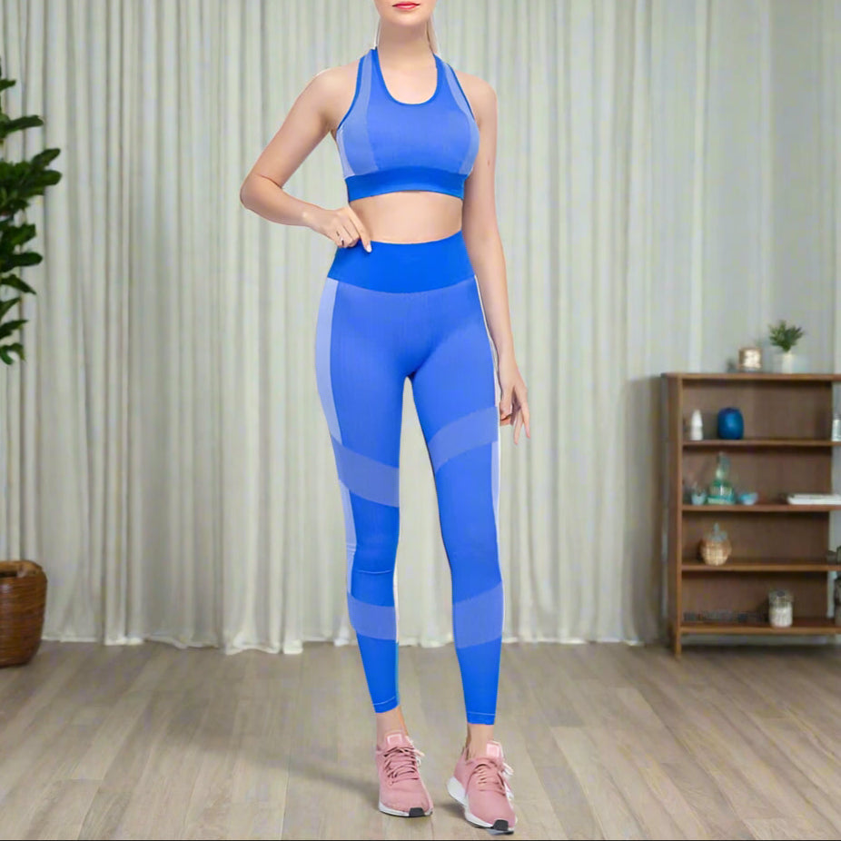 Woman wearing a blue seamless yoga set for gym, featuring breathable and flexible sport fabric, available in sizes S, M, L.