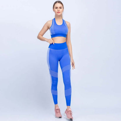 Woman wearing a blue seamless yoga set for gym, featuring breathable and flexible sport fabric, available in sizes S, M, L.