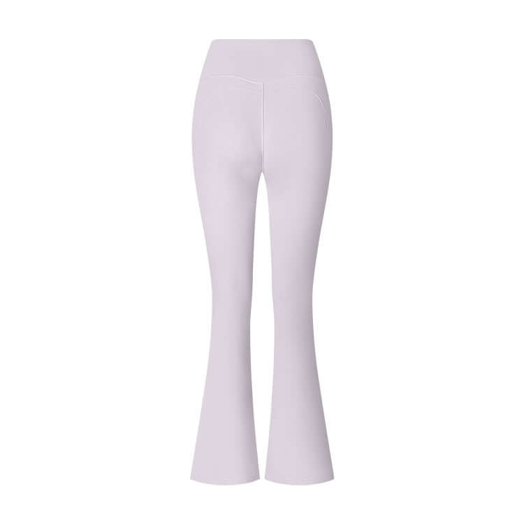 Back view of white flared yoga pants with high waistband, showcasing comfortable and stylish design for workouts and casual wear.