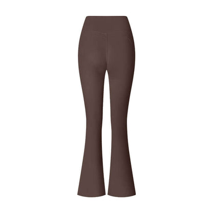 High-waisted brown flared yoga pants with a comfortable fit and flexible fabric, perfect for workouts and casual wear.