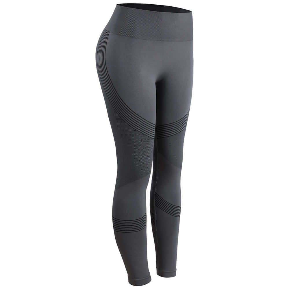 High waist yoga pants in dark gray with textured strip design, ideal for comfort and style during workouts and casual wear.