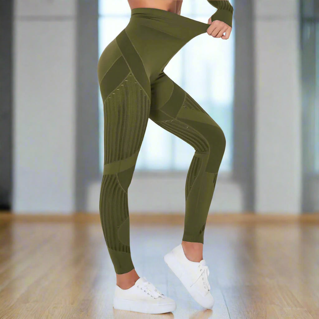 Hip-lifting sports leggings in olive green, showcasing seamless design and stretch, perfect for workout or athleisure.