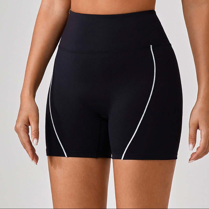 Black high-waist hip raise shorts, made from breathable nylon, squat-proof, designed for gym, cycling, and yoga workouts.