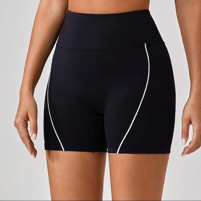 Black high-waist hip raise shorts, made from breathable nylon, squat-proof, designed for gym, cycling, and yoga workouts.
