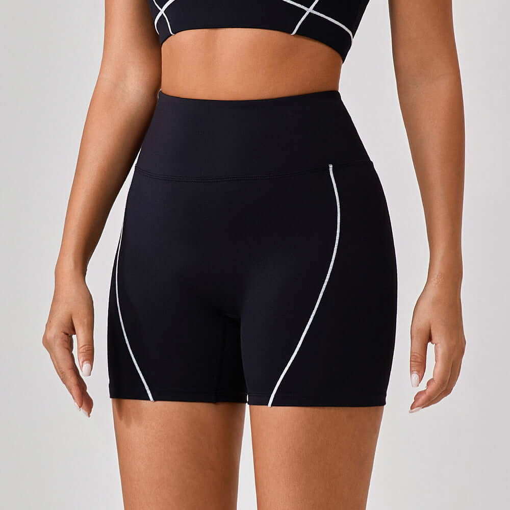 Black high-waist fitness shorts with quick-dry, squat-proof fabric for women, ideal for gym, yoga, cycling, and summer workouts.