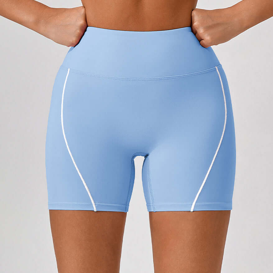 Blue high-waist hip raise fitness shorts showcasing breathable, squat-proof design for yoga and gym performance.