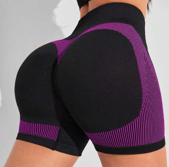 High waist workout shorts with black and purple design, highlighting comfort and style for fitness routines.