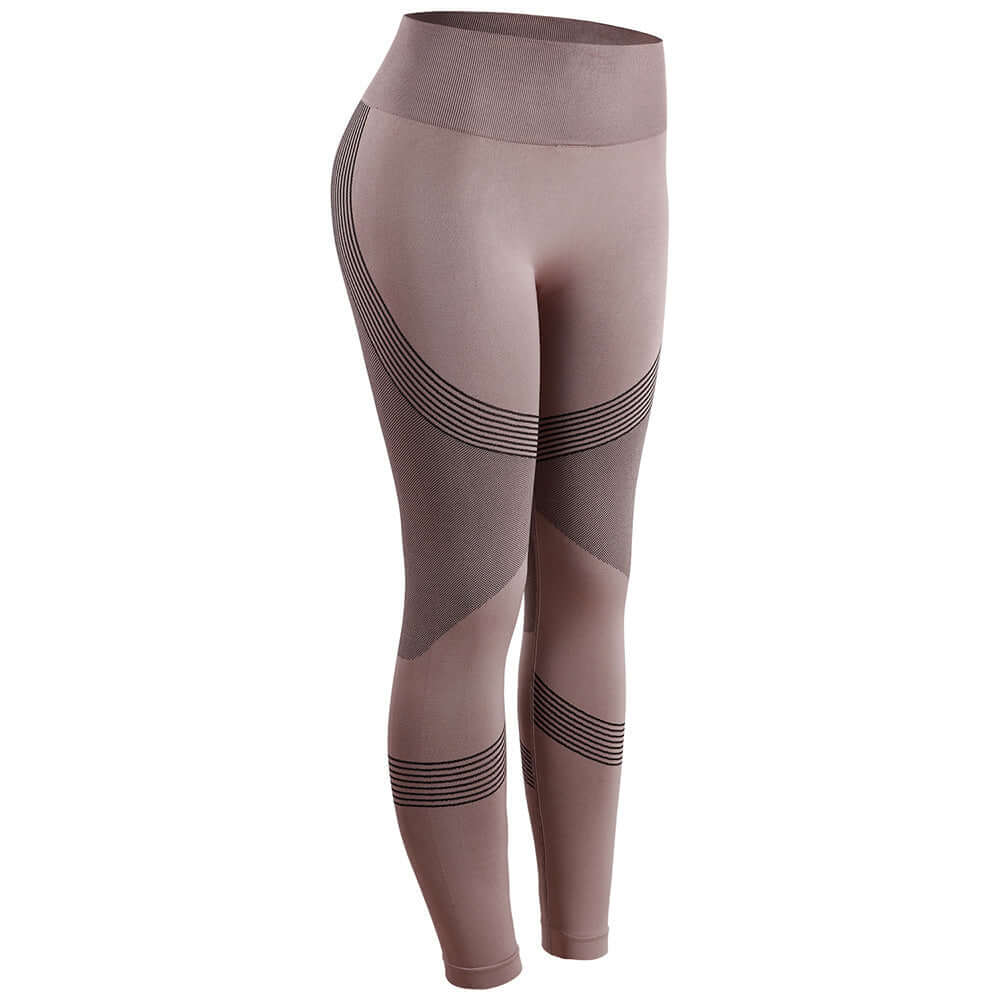 High-waist yoga pants in brown with stylish striped design, offering comfort and style for workouts or leisure.