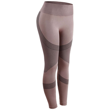 High-waist yoga pants in brown with stylish striped design, offering comfort and style for workouts or leisure.