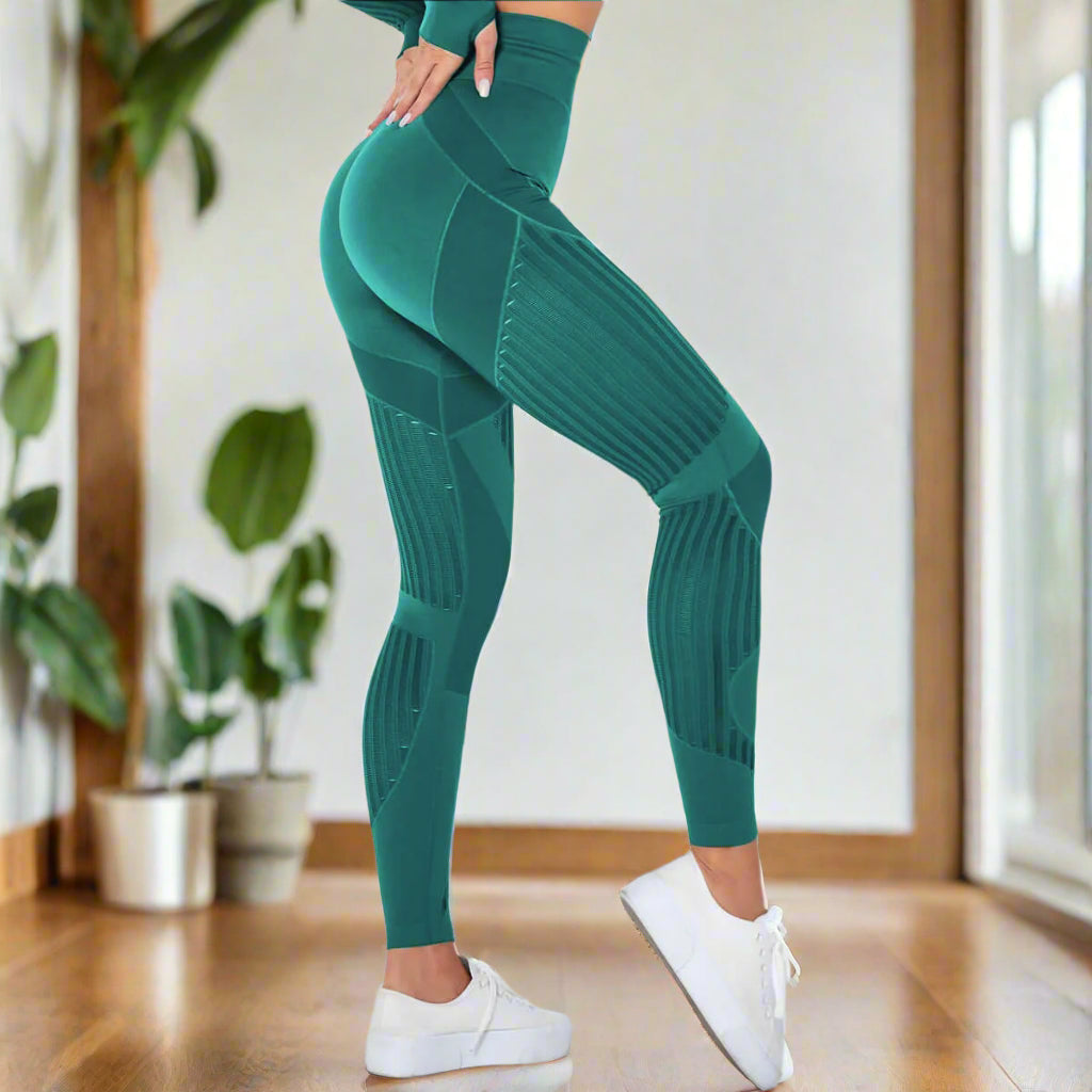 Side view of hip-lifting sports leggings in green, highlighting athletic design and supportive fit for active wear.