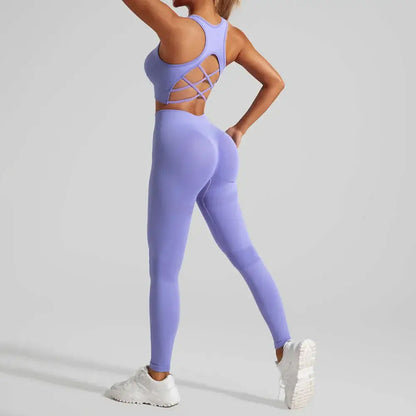 Light Purple Hip Lifting Yoga Set with cross-back top and leggings, designed for sculpting support and enhancing curves in fitness and everyday wear.