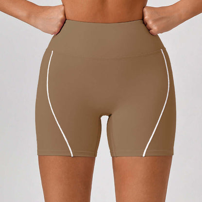 High-waist dark khaki fitness shorts for women offering comfort and style, perfect for gym, yoga, and summer workouts.