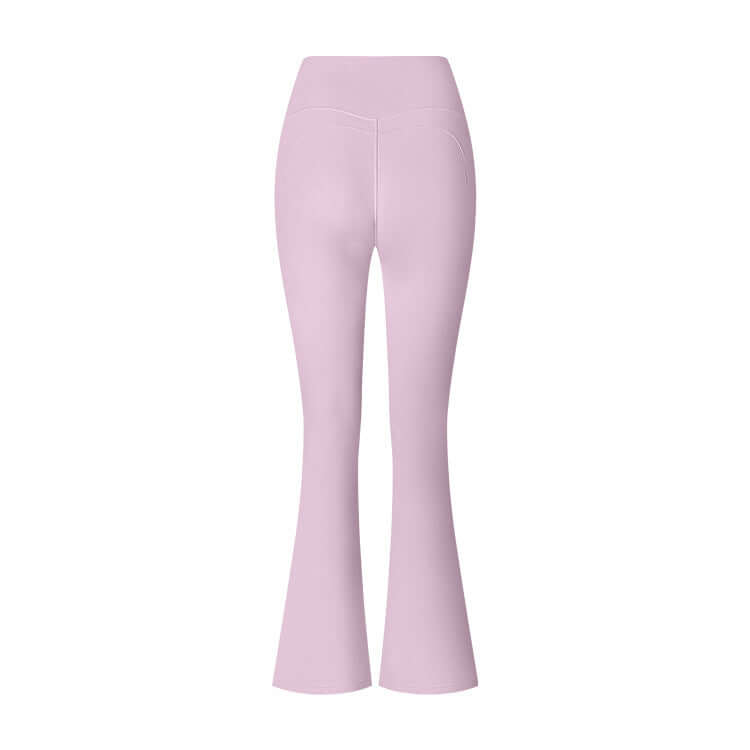 Pastel pink flared yoga pants with high-waisted design, showcasing back view for comfort and style in workouts and casual wear.