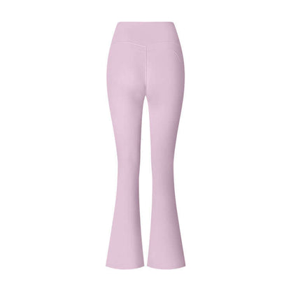 Pastel pink flared yoga pants with high-waisted design, showcasing back view for comfort and style in workouts and casual wear.