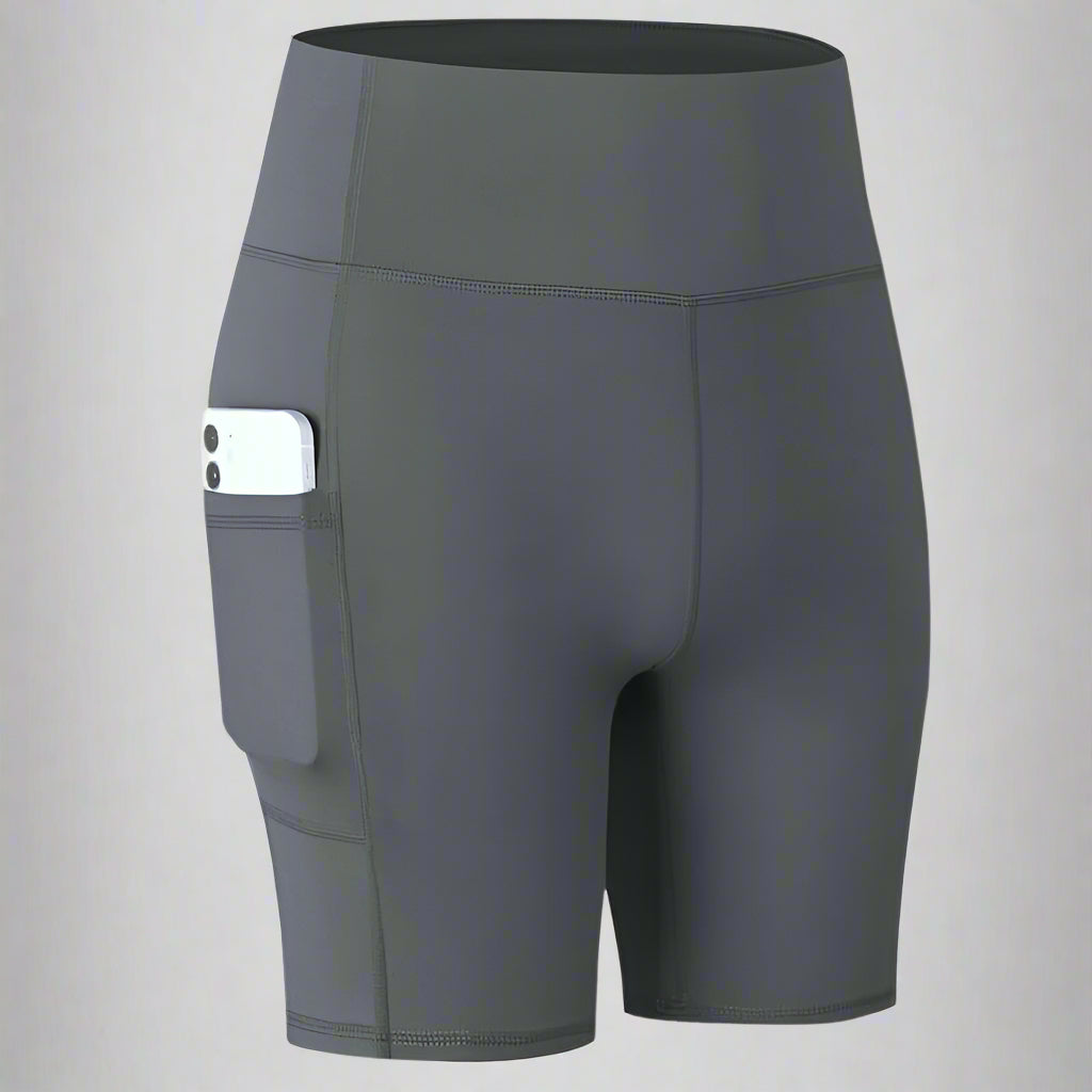 Gray pocket sport shorts with high waistband and smartphone pocket, ideal for workouts and outdoor activities.
