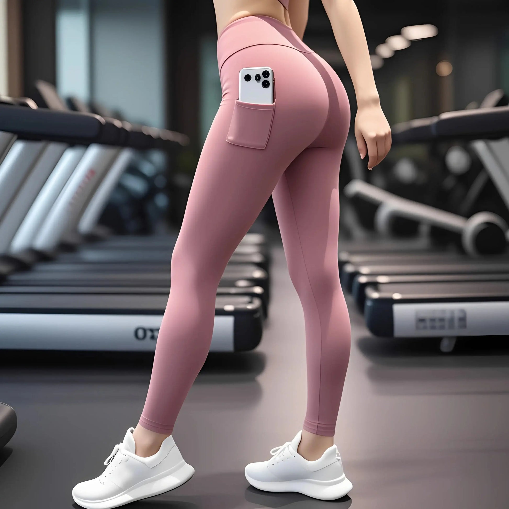 Woman wearing seamless pocket leggings, pink color, holding phone in pocket at gym. High-waist, comfortable fit for active lifestyle.
