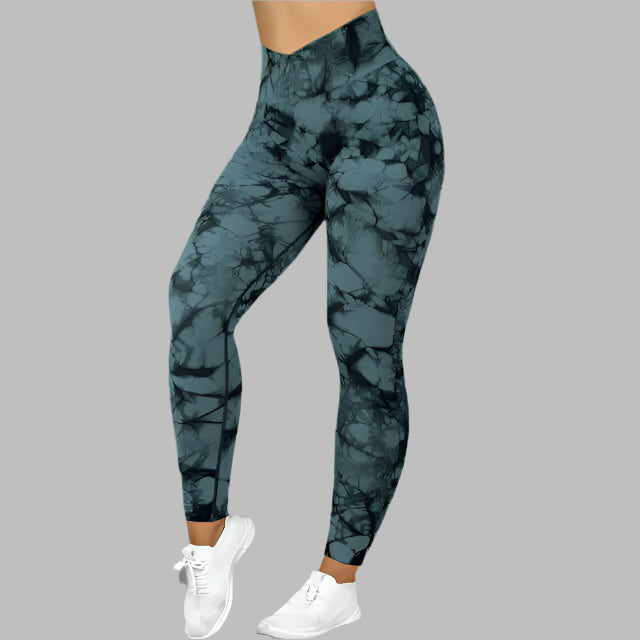 Stylish tie dye leggings with a gray and black pattern, highlighting comfortable fit and modern fashion aesthetics.