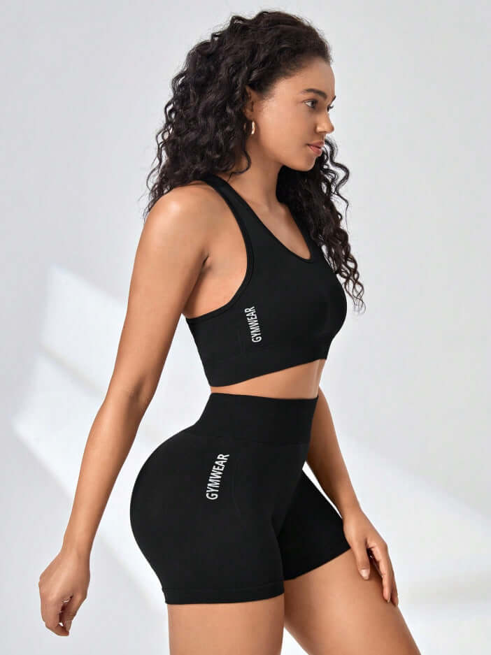 Woman wearing comfortable seamless activewear set with a top and shorts, perfect for yoga and gym, featuring stretchy fabric.
