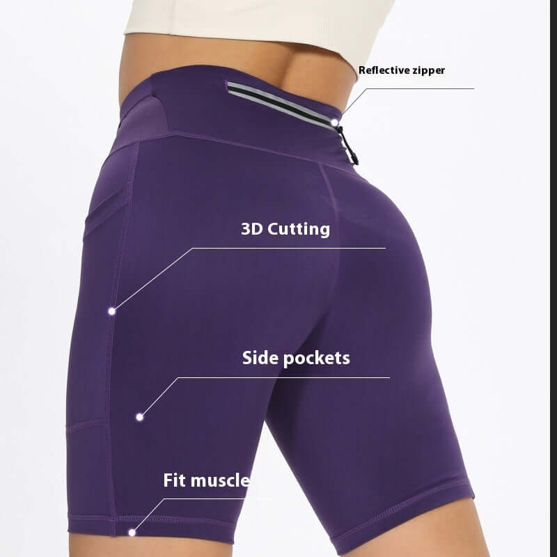 Women's compression shorts with reflective zipper, 3D cutting, side pockets, and muscle fit design in purple.