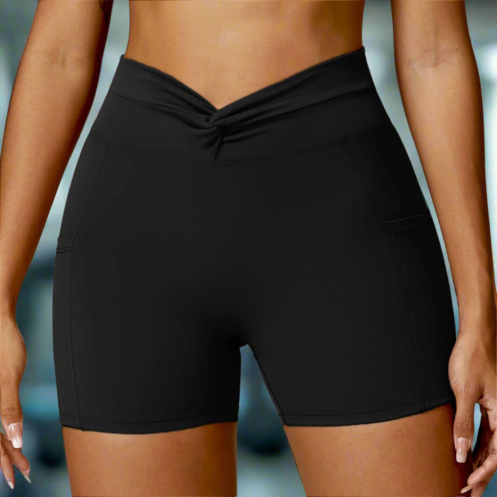 High-waisted black outdoor running shorts with a knot design, ideal for athletic activities and comfortable movement.